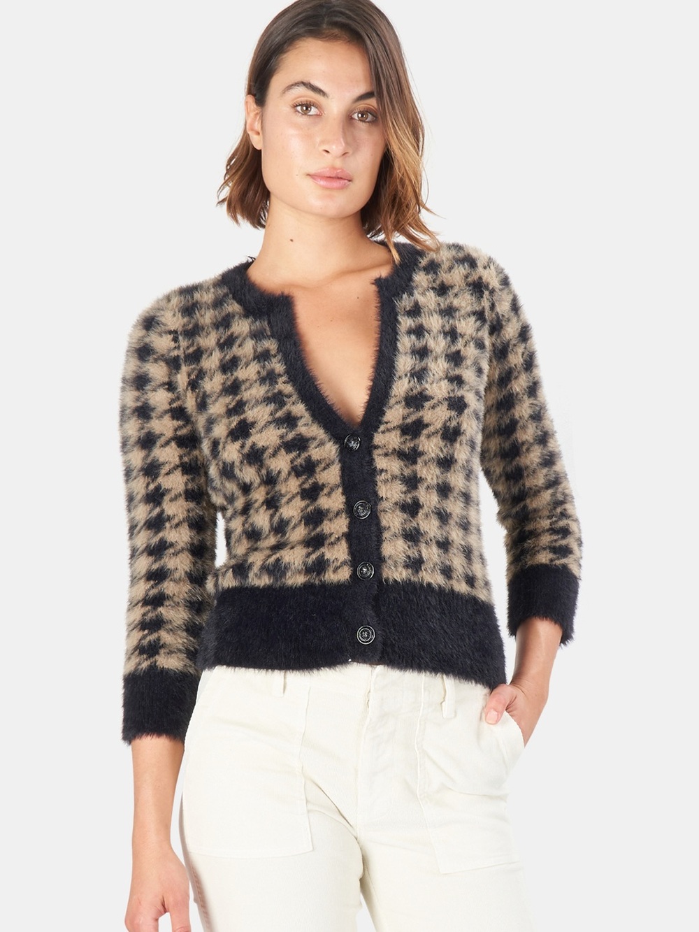 L'AGENCE Black & Tan Houndstooth V-Neck Cardigan